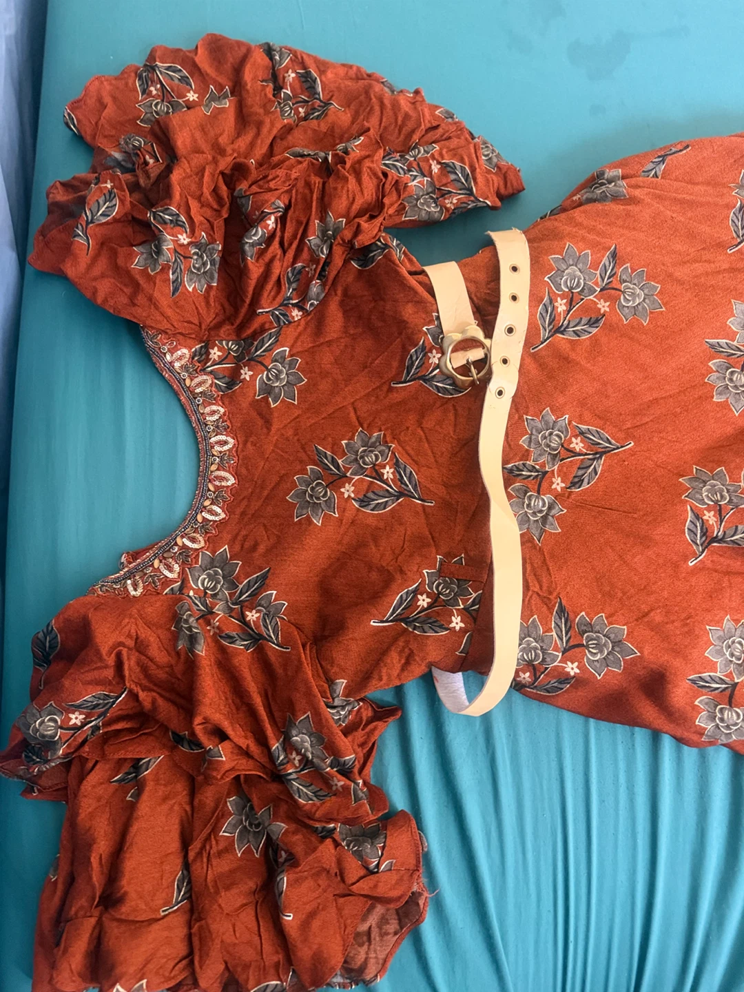 Rust Orange Floral Dress with Belt - photo 2