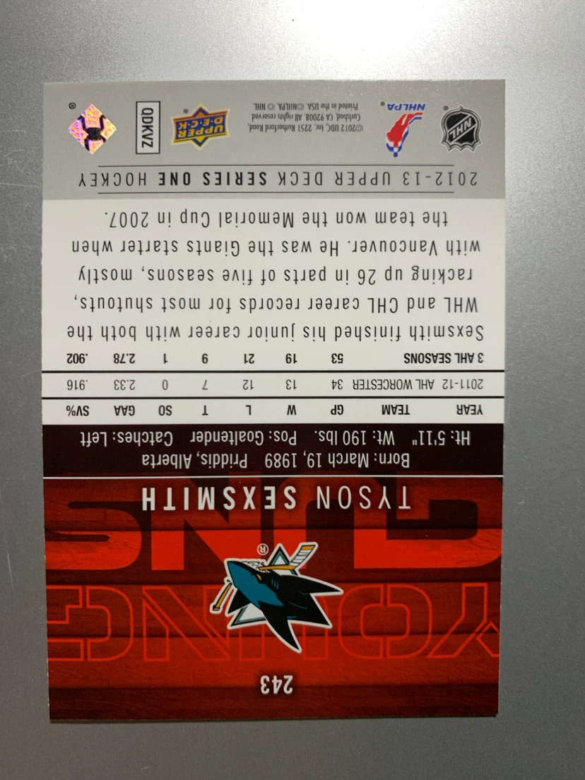 2012-13 Upper Deck Tyson Sexsmith Young Guns Card - photo 2