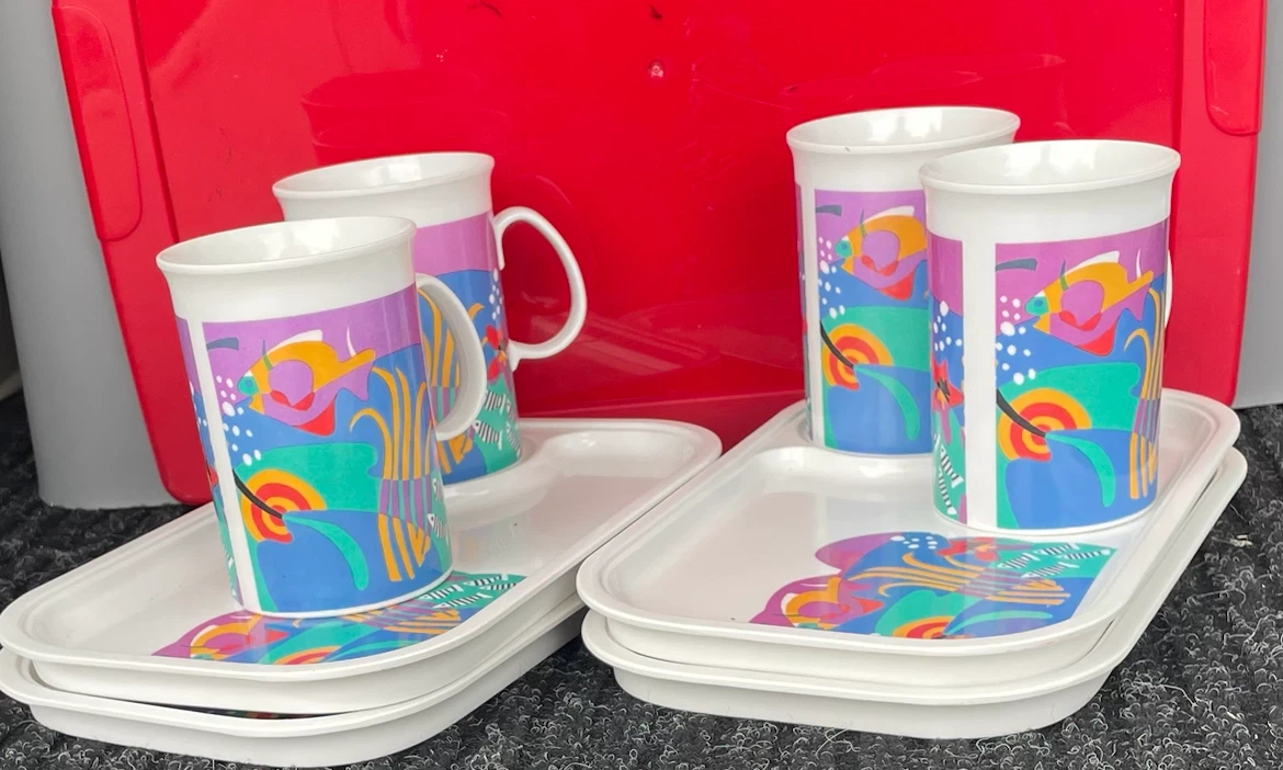 Set of 4 Tropical Fish Mugs and Trays