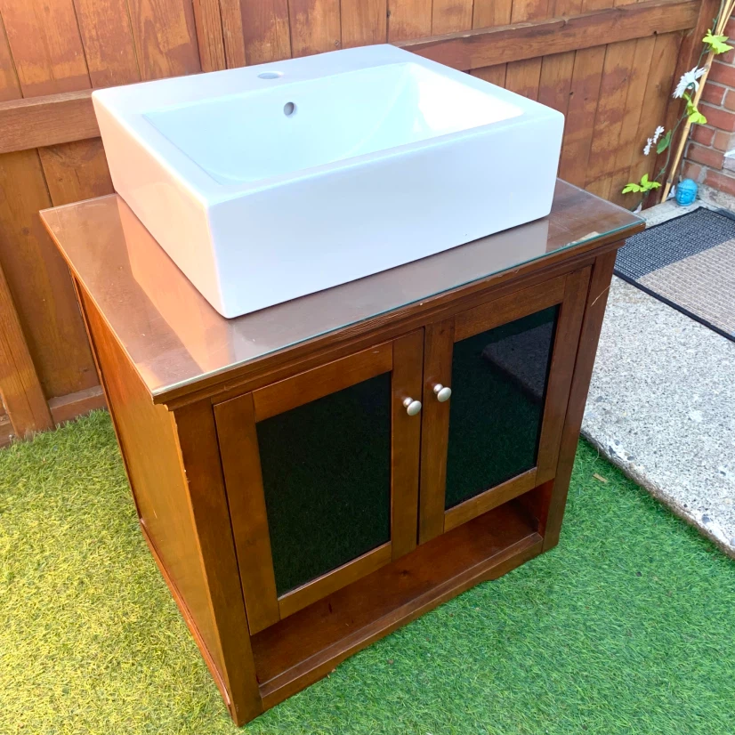 Bathroom Vanity Cabinet Ceramic Vessel Sink Glass Countertop