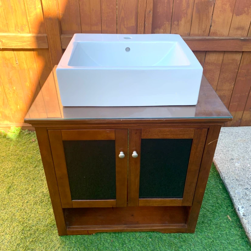 Bathroom Vanity Cabinet Ceramic Vessel Sink Glass Countertop - photo 2