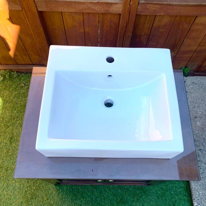 Bathroom Vanity Cabinet Ceramic Vessel Sink Glass Countertop - photo 3