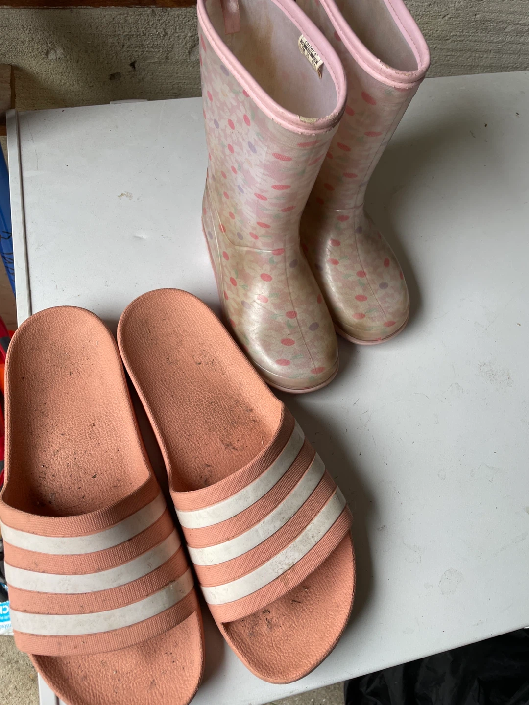 Carter's Rain Boots and Adidas Slides