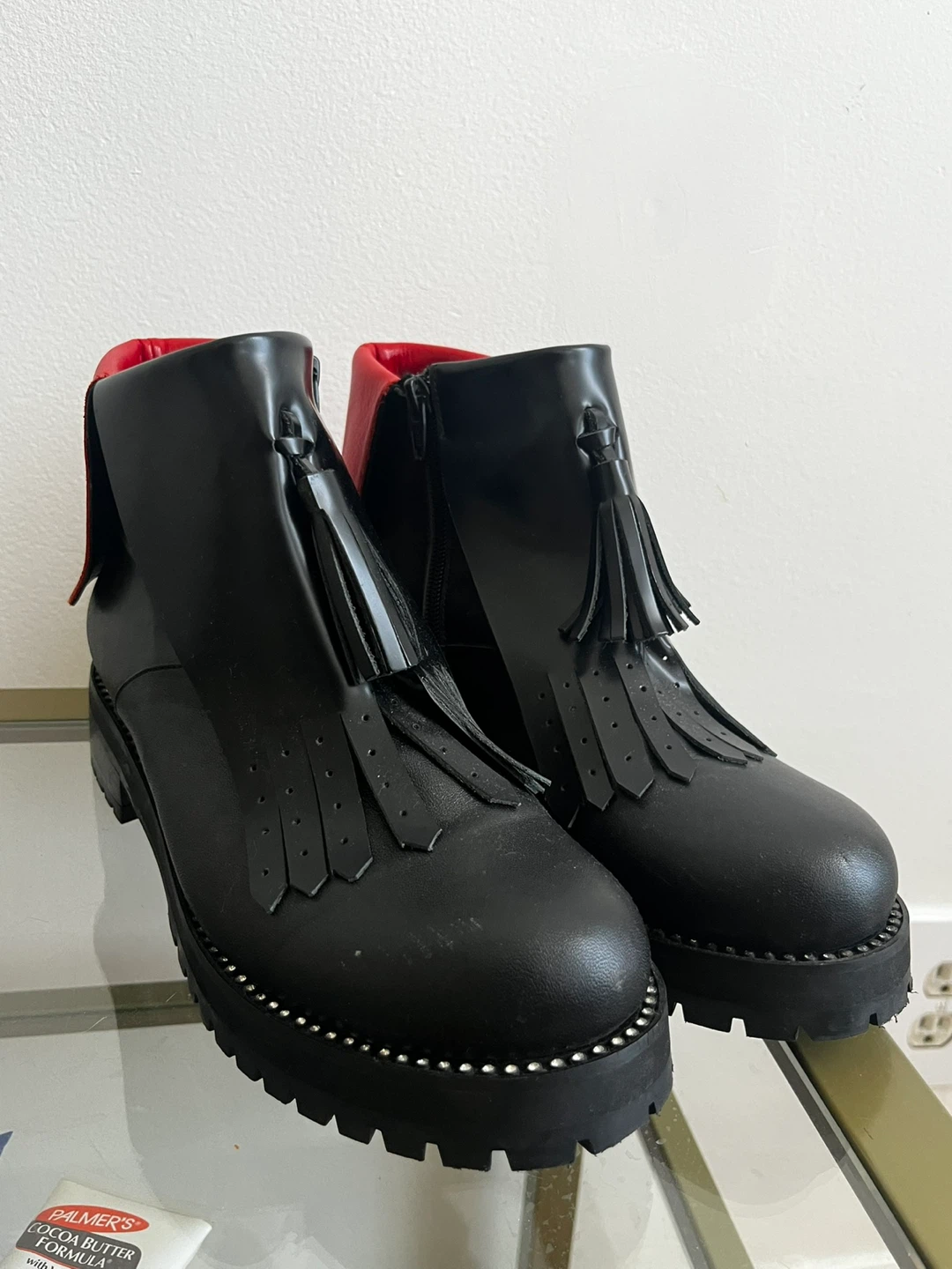 Black and Red Tassel Ankle Boots