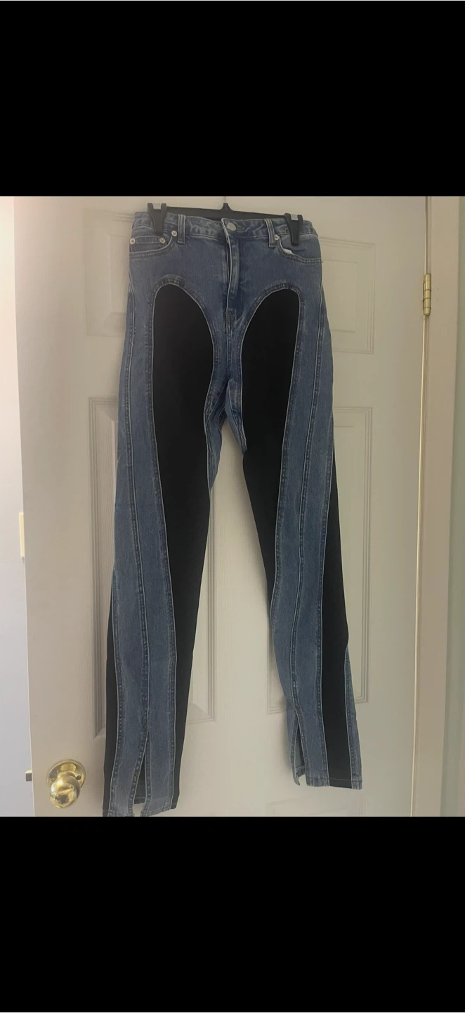 Two-tone denim and black panel jeans