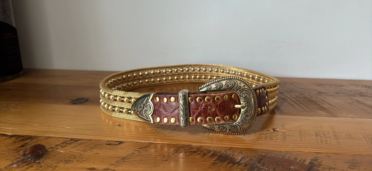 Gold Tone Mesh Belt with Leather Detail