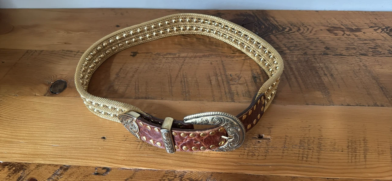 Gold Tone Mesh Belt with Leather Detail - photo 2