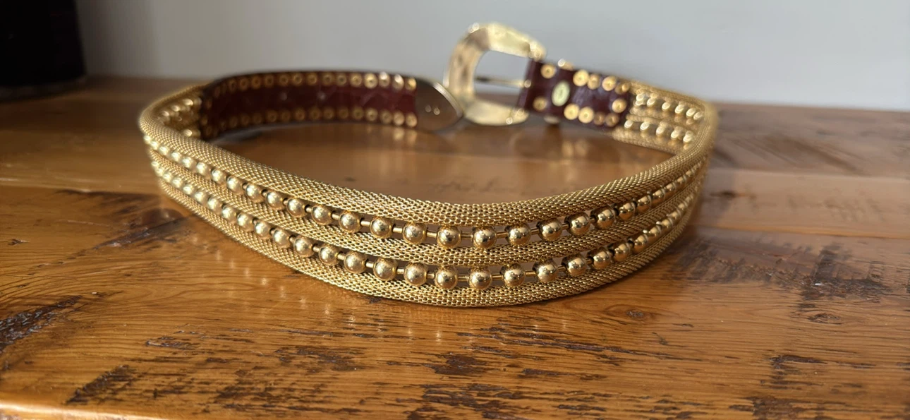 Gold Tone Mesh Belt with Leather Detail - photo 3