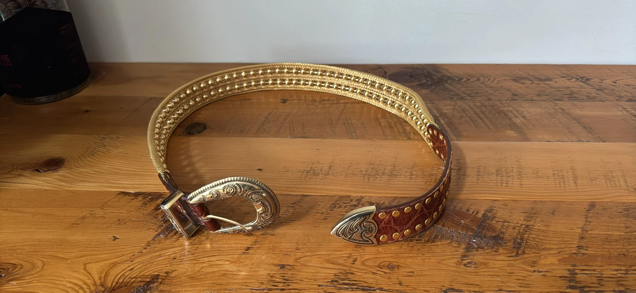 Gold Tone Mesh Belt with Leather Detail - photo 4