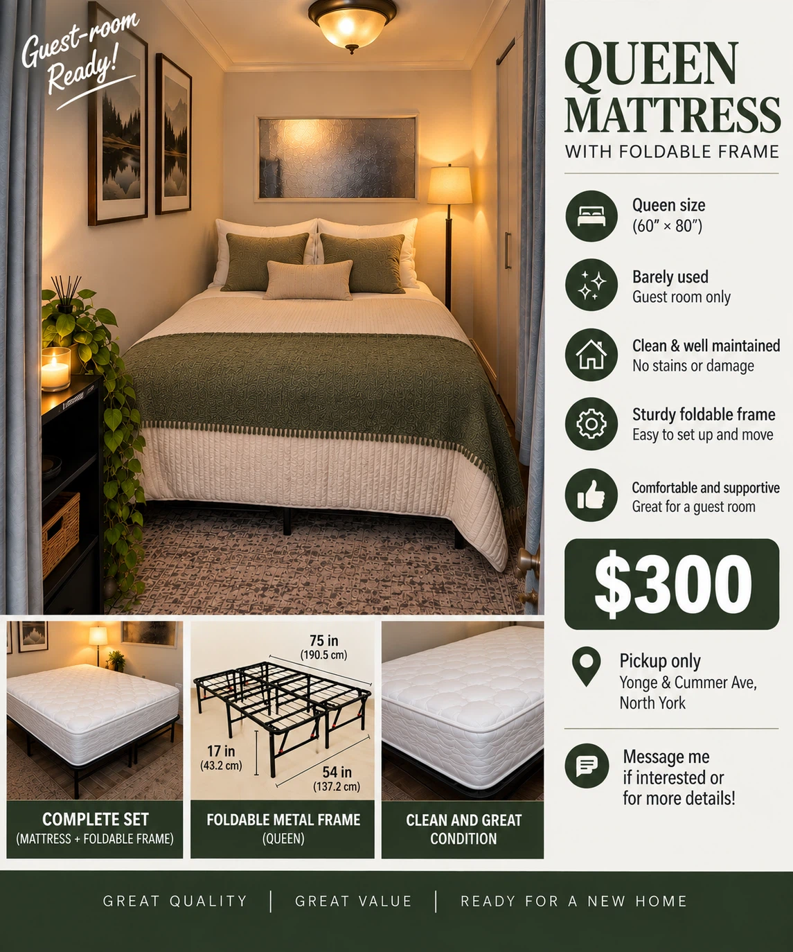 Queen Mattress with Foldable Metal Frame