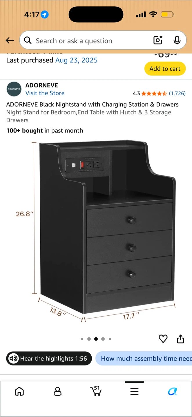 Adorneve Black Nightstand with Charging Station