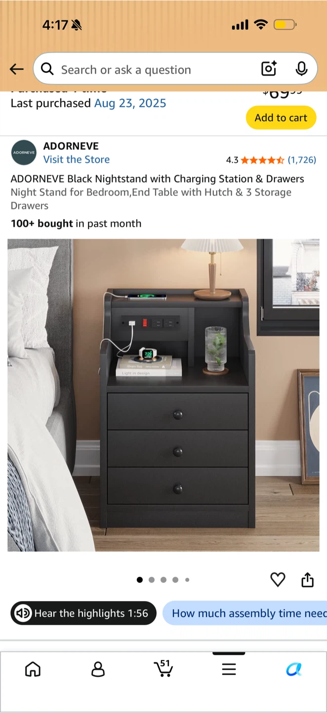 Adorneve Black Nightstand with Charging Station - photo 2