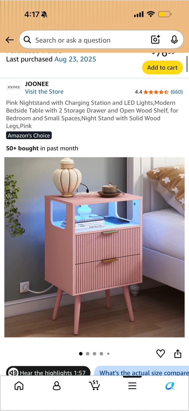 JOONEE Pink Nightstand with Charging Station