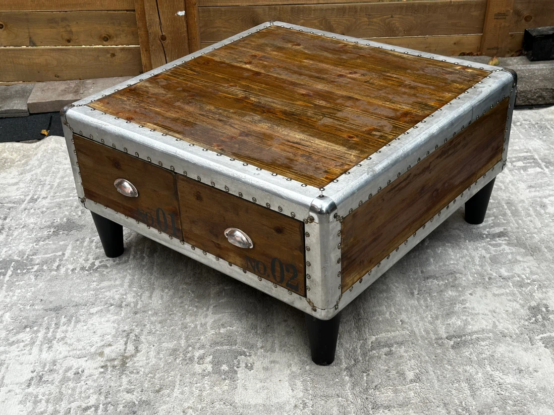Industrial Wood & Metal Coffee Table with Drawers