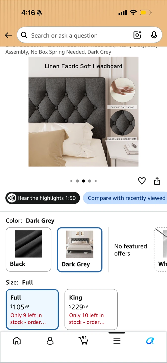 Twin Size Dark Grey Upholstered Platform Bed Frame