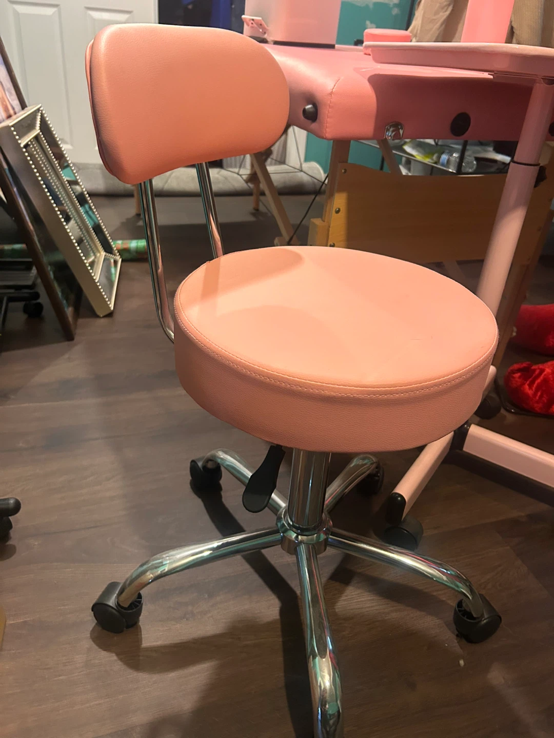 Pink Rolling Salon Stool with Backrest