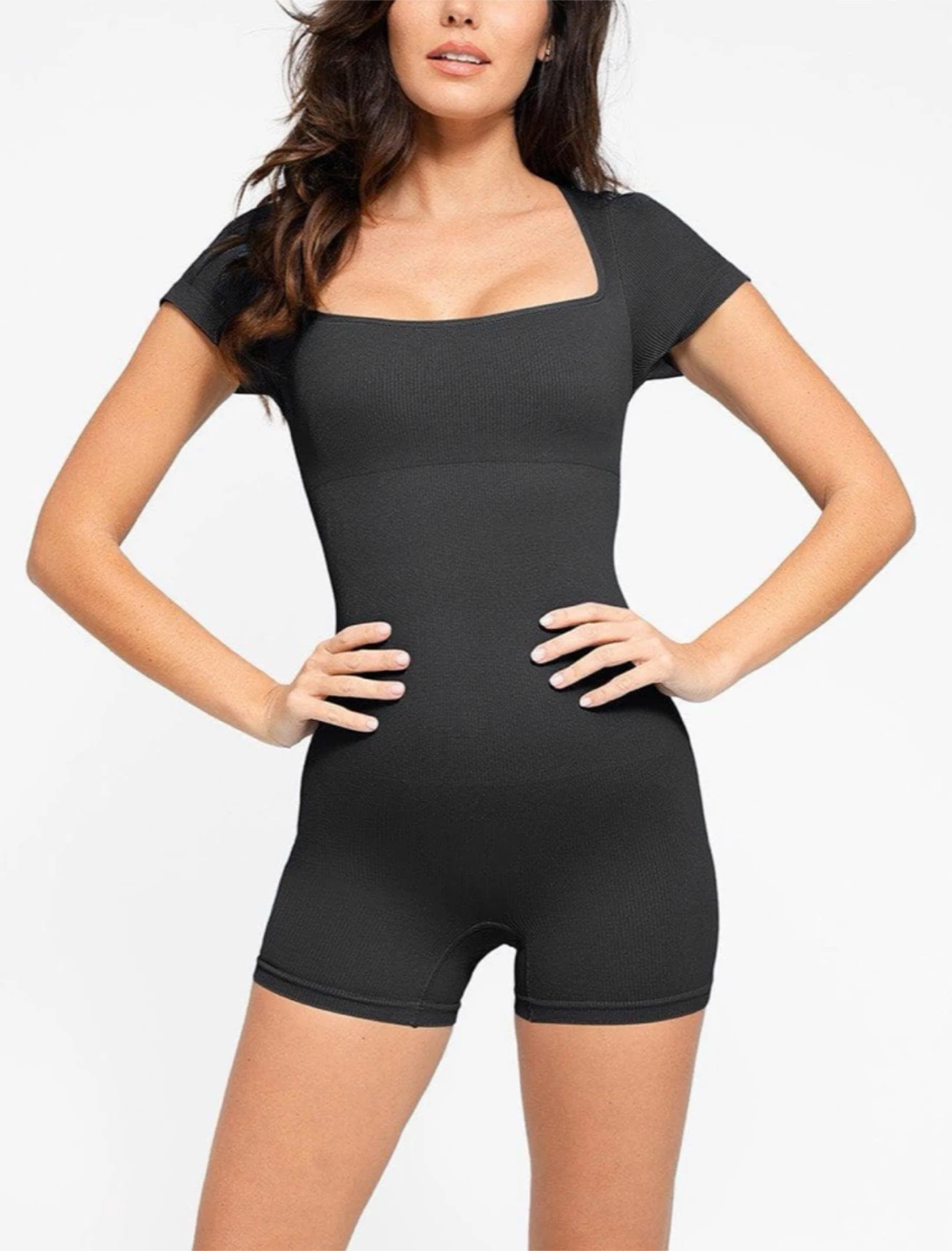 🏈 New Popilush Black Ribbed Short-Sleeve Romper Shapewear XL - photo 4