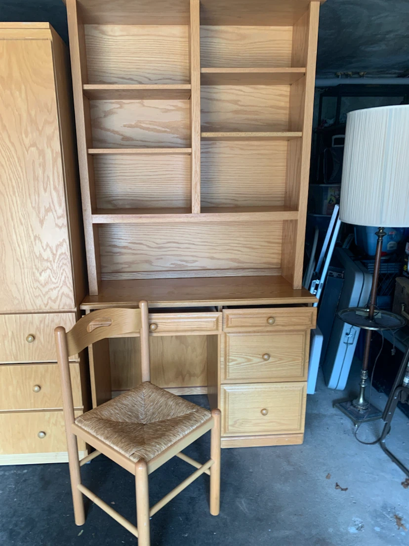 Gothic cabinet wood armoire, desk and chair