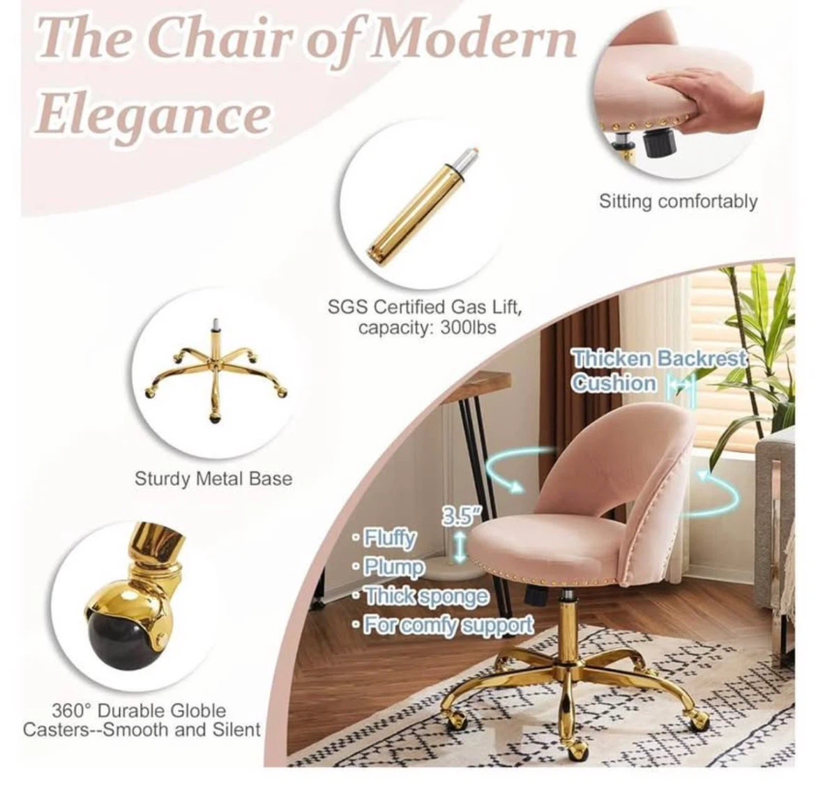 Pink Modern Velvet Office Chair - photo 3