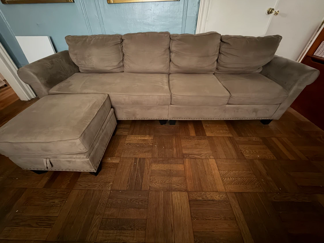 Gray Suede Sofa with Matching Ottoman