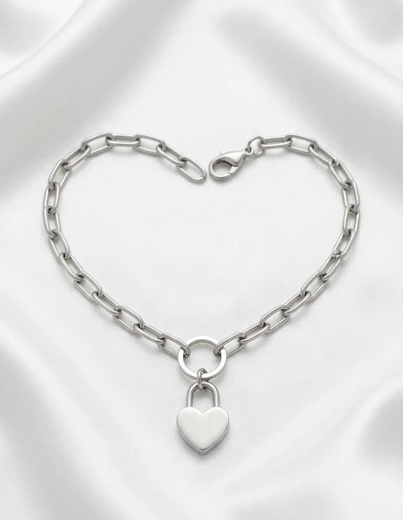 Silver Heart Lock Paperclip Chain Bracelet