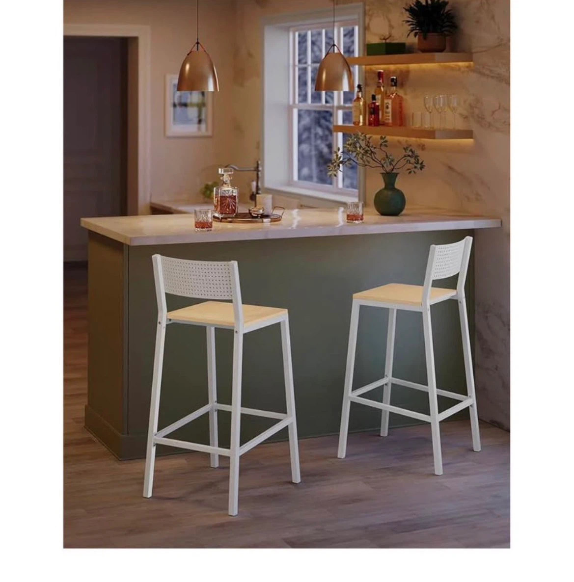 Set of Two White and Wood Bar Stools