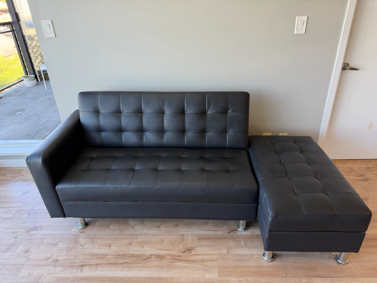 Black Tufted Faux Leather Sofa Bed with Ottoman