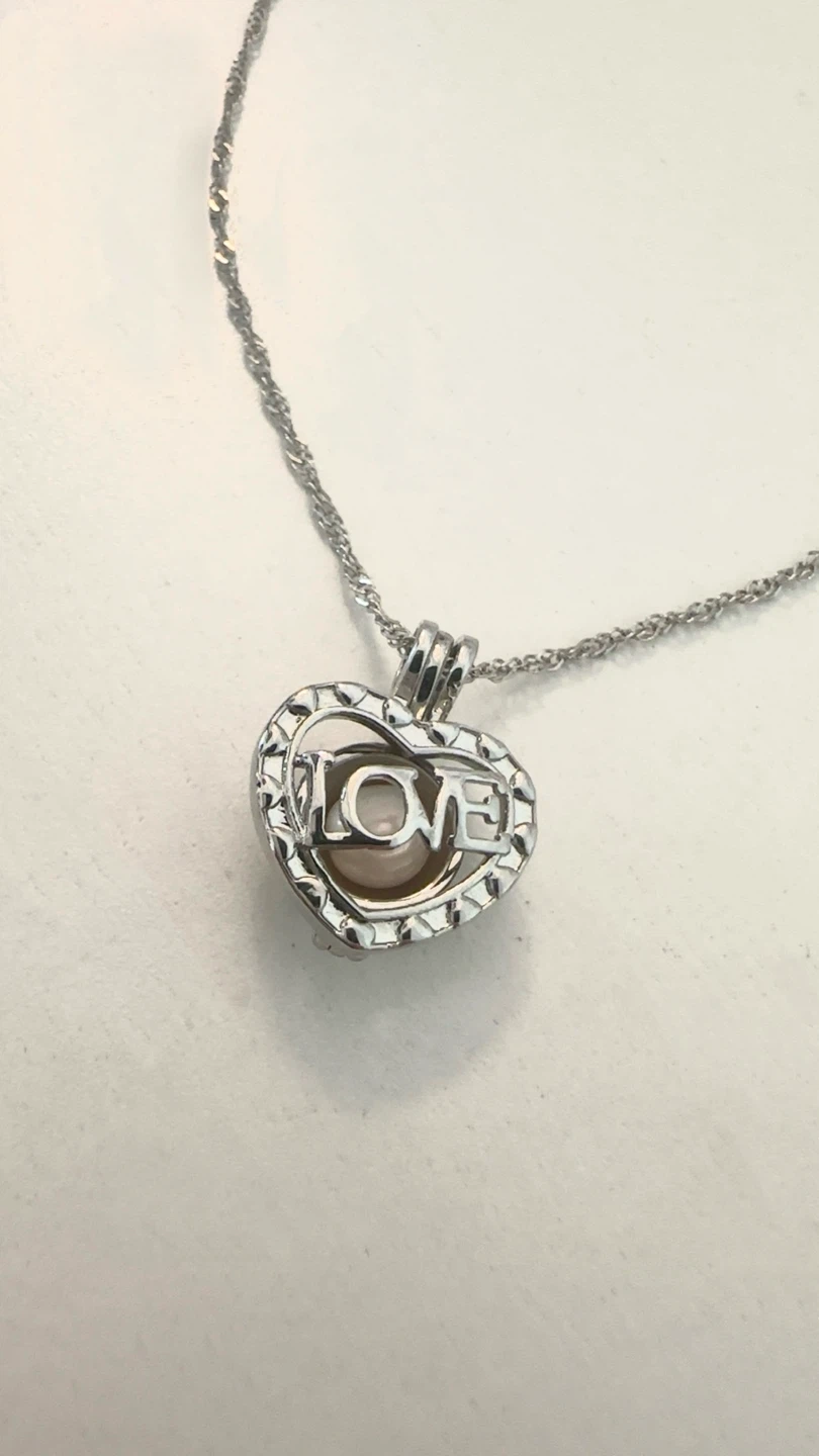 Silver "LOVE" Heart Cage Pearl Necklace