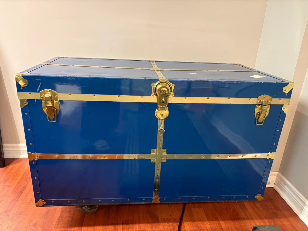 Large Blue Storage Trunk with Brass-Tone Accents