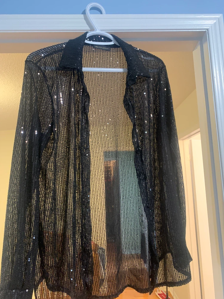 Black Sequin Button-Down Shirt - photo 2