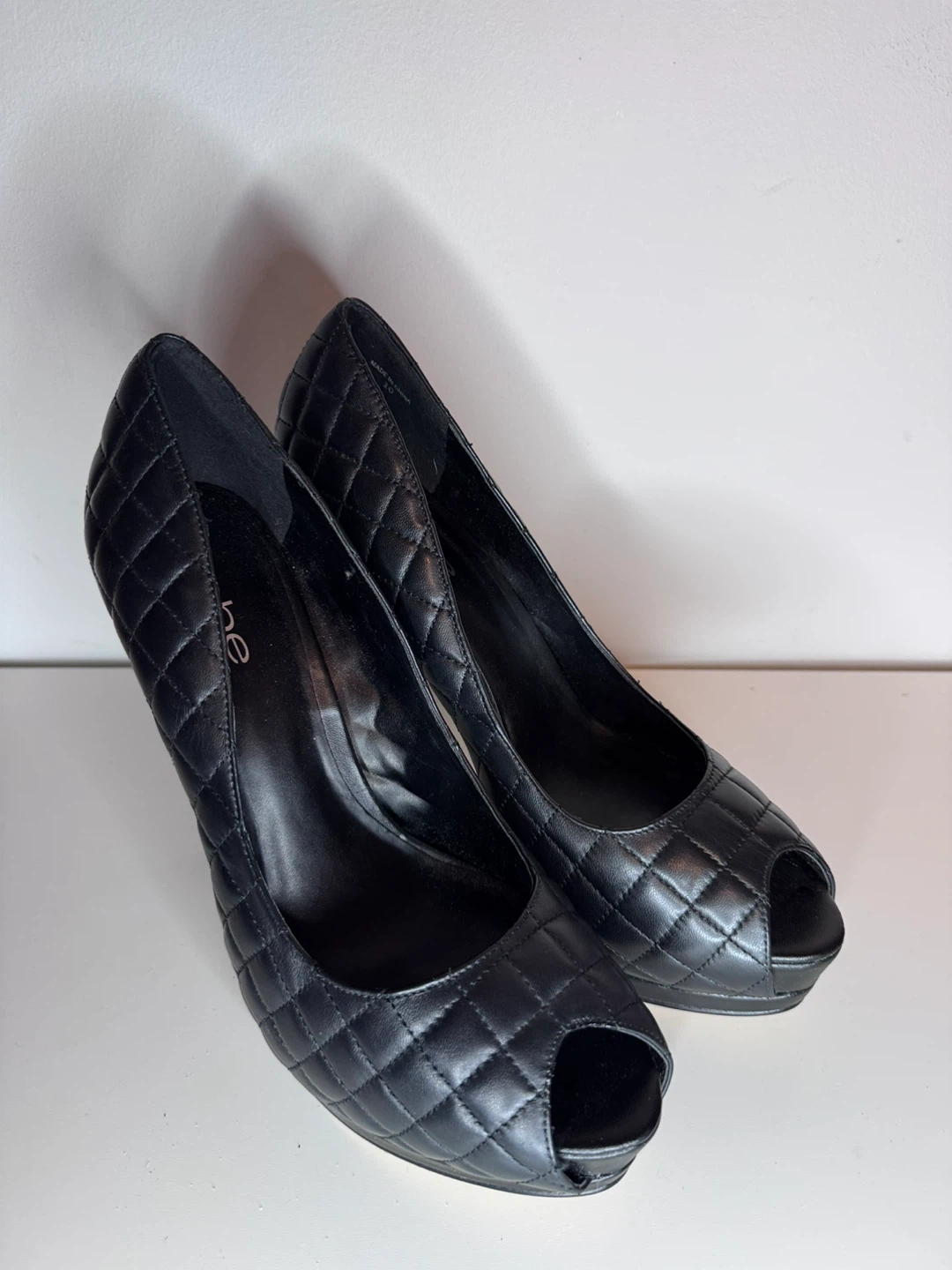 Bebe Black Quilted Peep-Toe Platform Heels Size 10