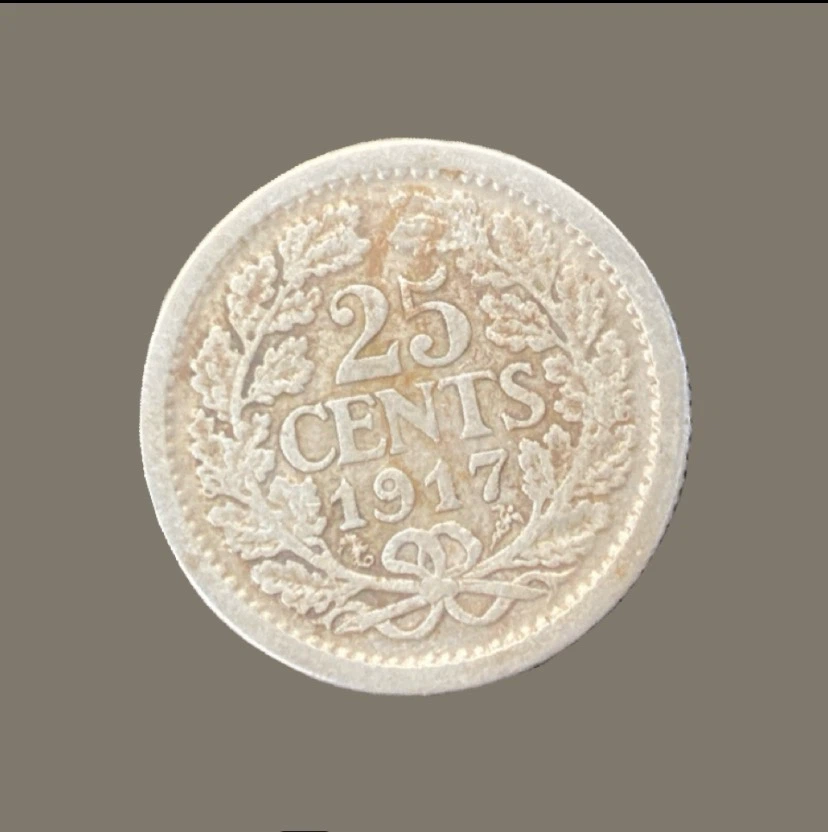 1917 silver Netherlands 25 Cents Coin - photo 2
