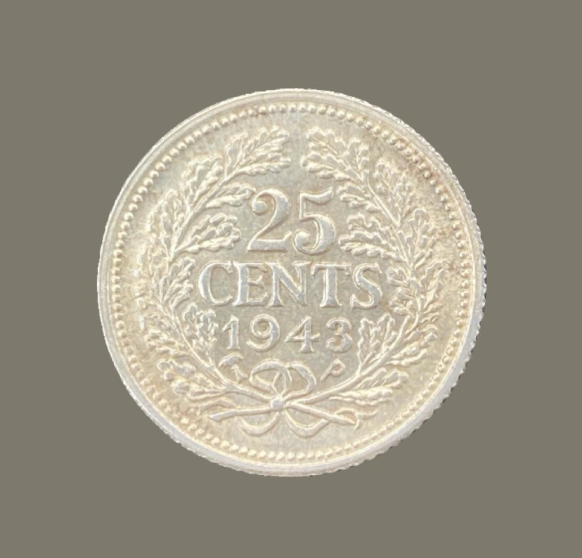 1943 silver Netherlands 25 Cents Coin - photo 2