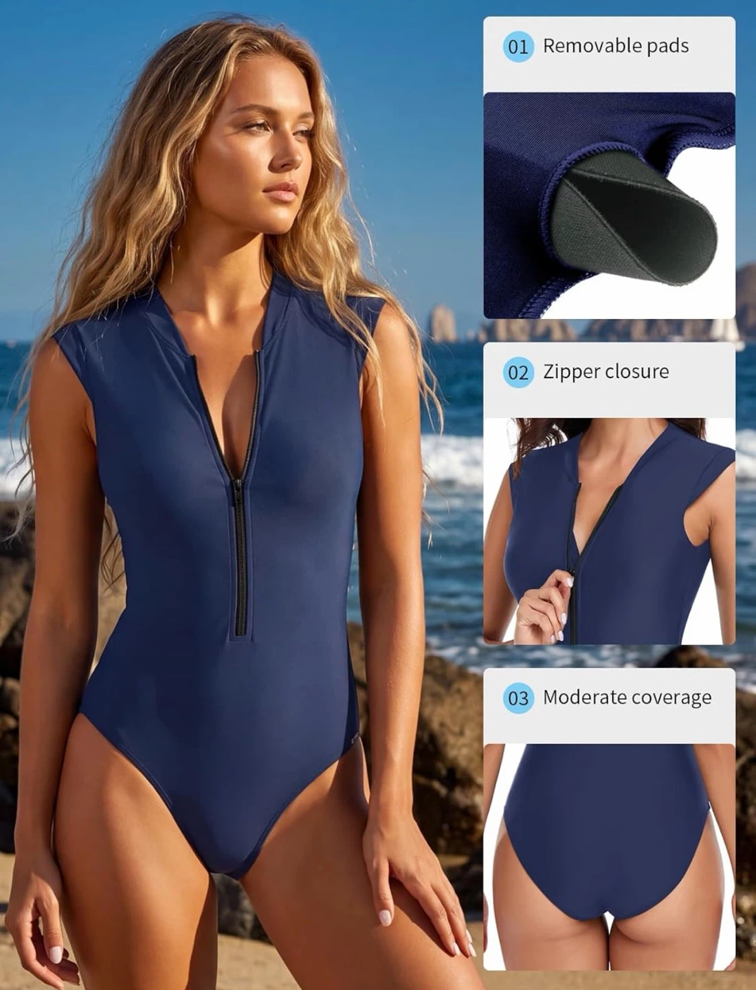 🏈 NWT RELLECIGA Navy Blue Zip-Front Swimsuit XXL - photo 2