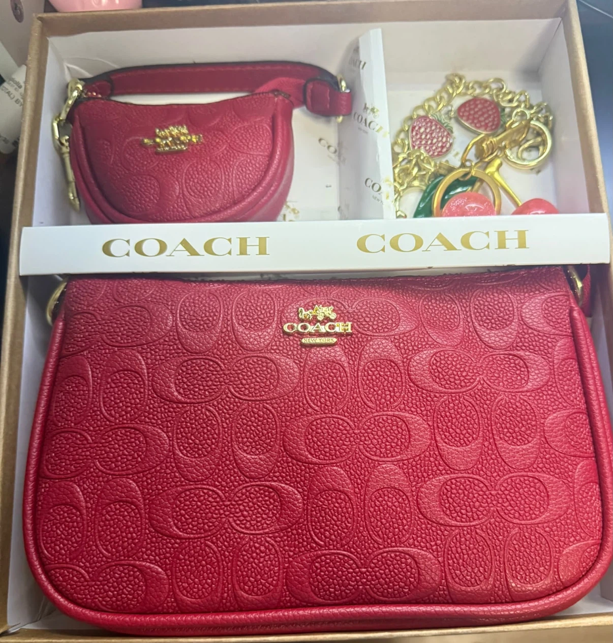 Coach Red Embossed Leather Bag Set with Charms