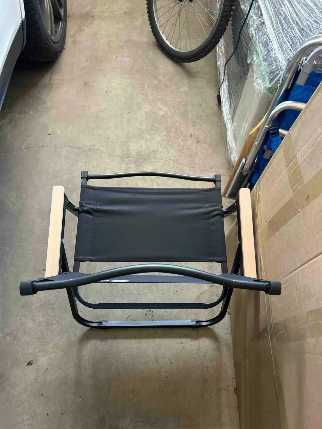 Black Folding Camping Chair with Wood Armrests