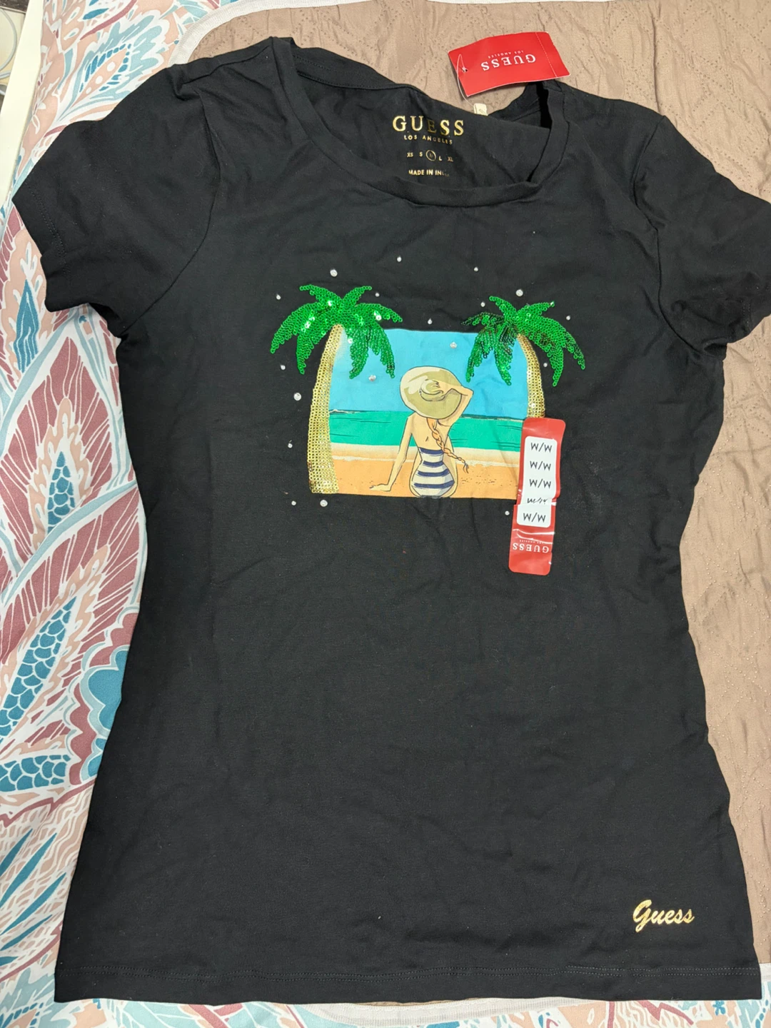Guess Bali Girl Sequin T-Shirt Medium