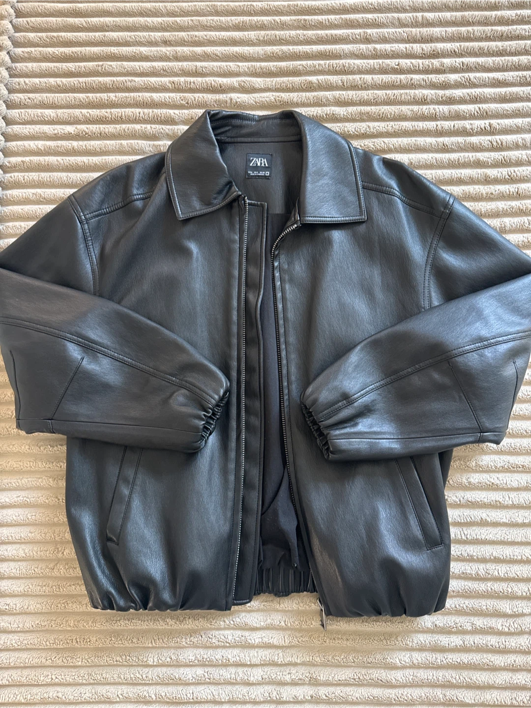 Zara Black Faux Leather Bomber Jacket - Size Medium