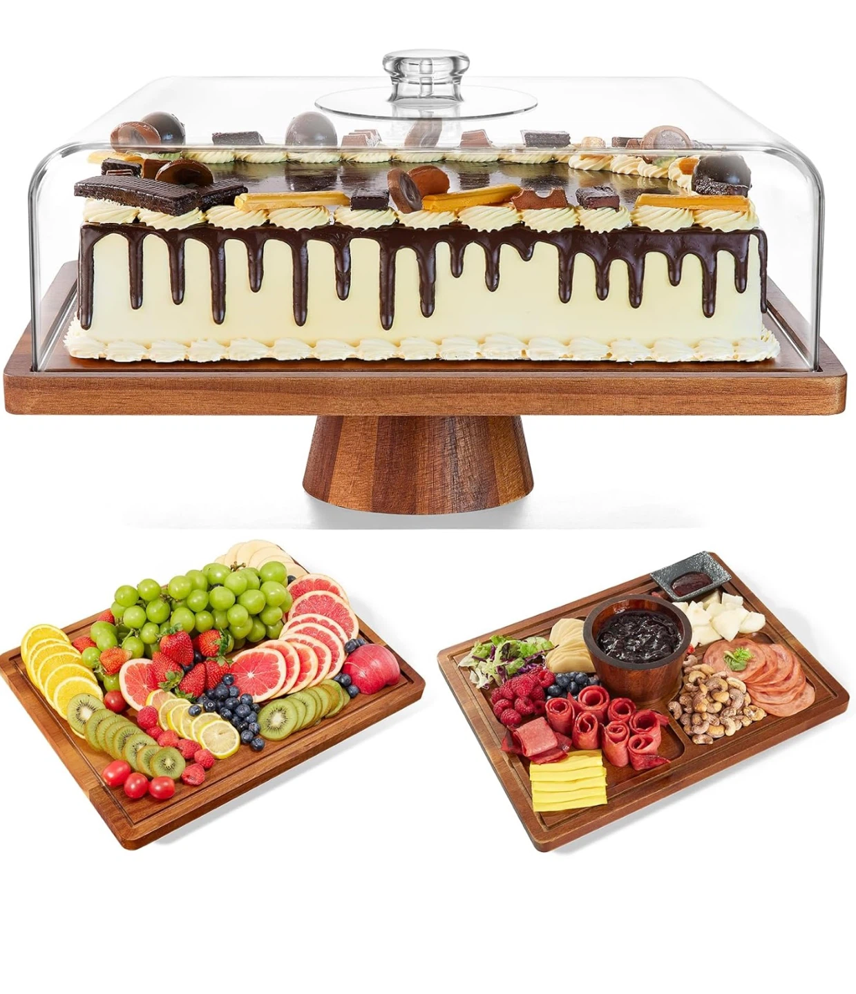 Acacia Wood Cake Stand with Lid,2-in-1 Large Rectangular Cake