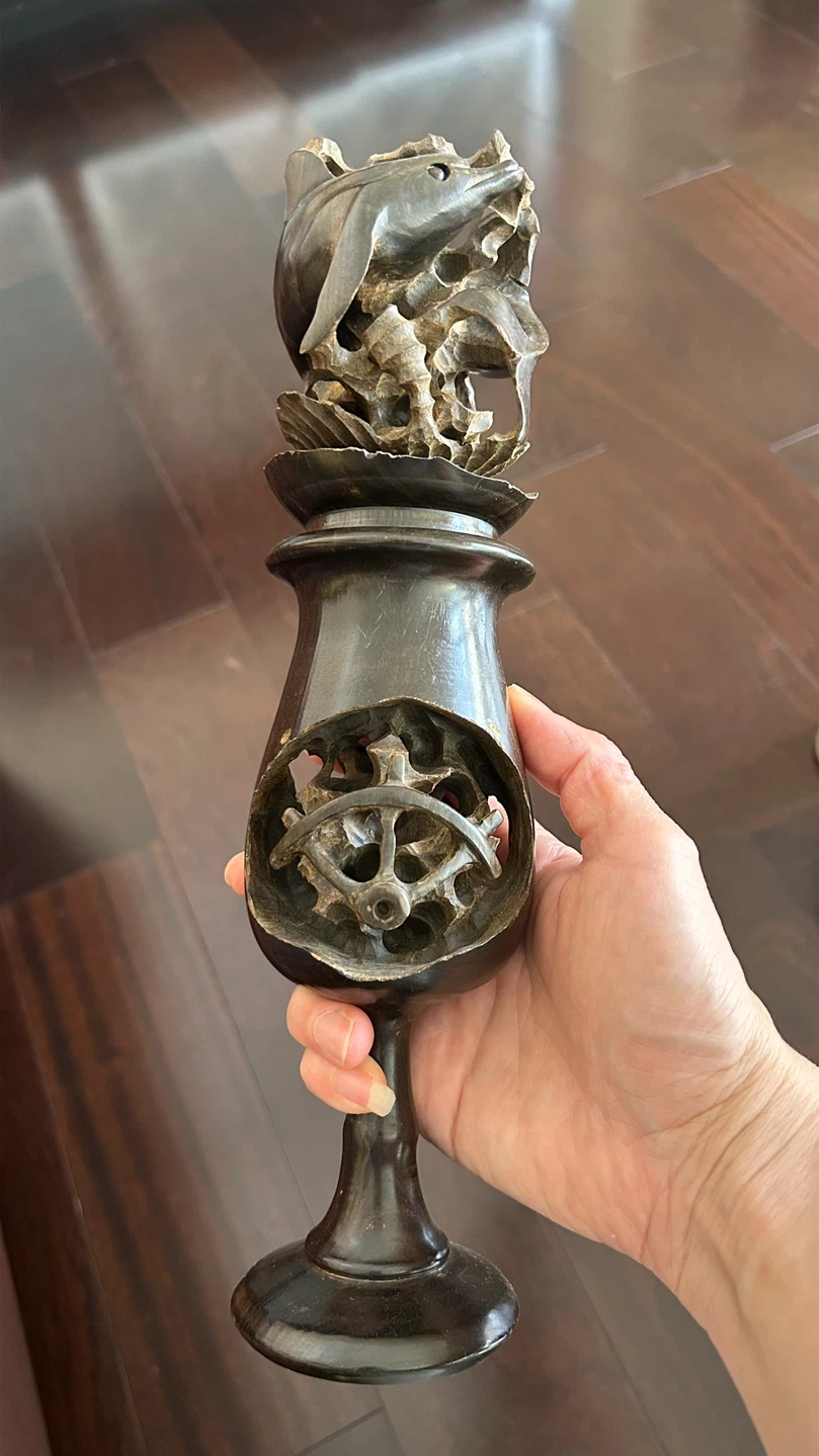 Hand-Carved Dark Wood Dolphin Goblet