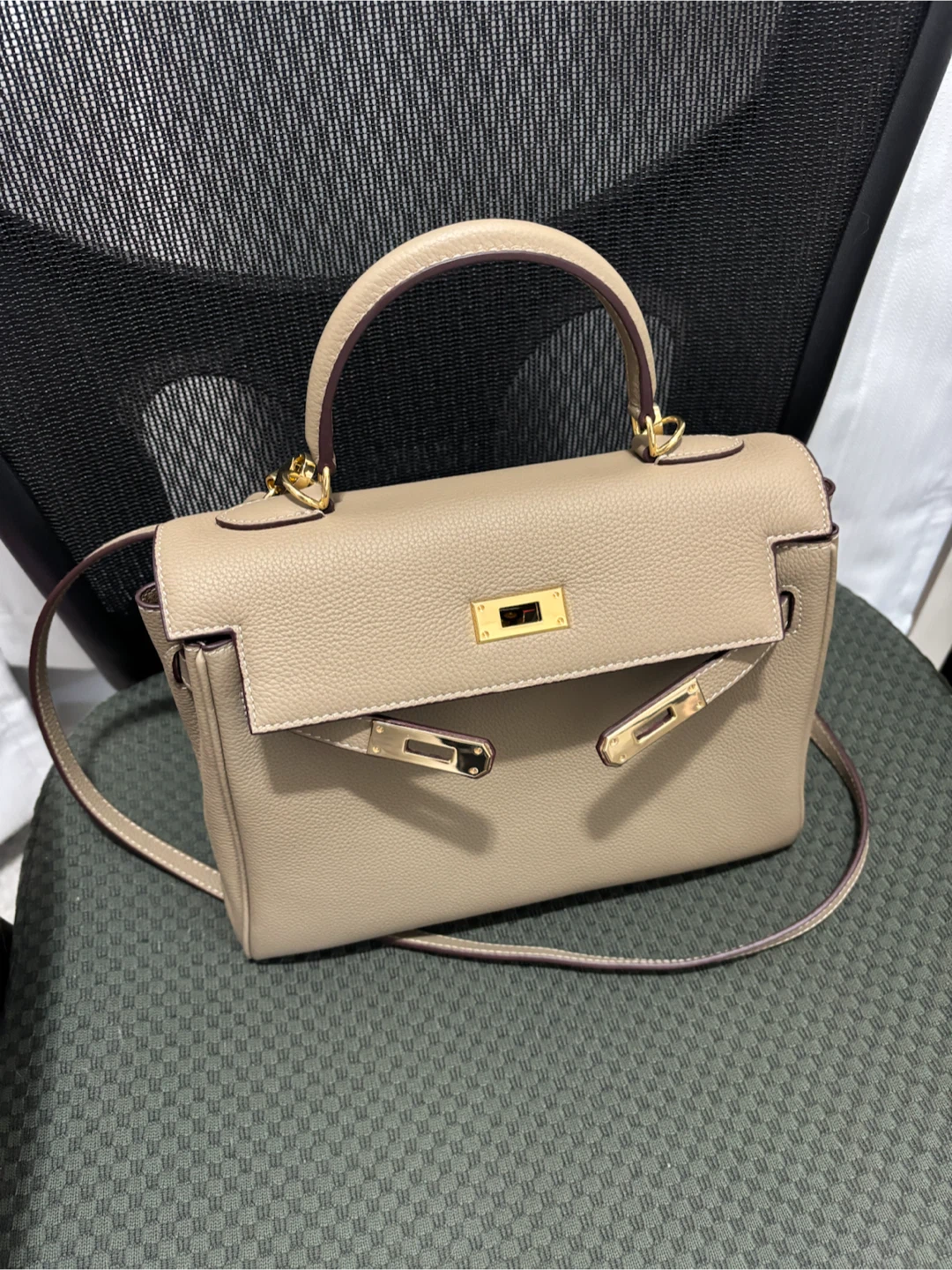 Taupe Top-Grain Leather Bag with Gold Hardware
