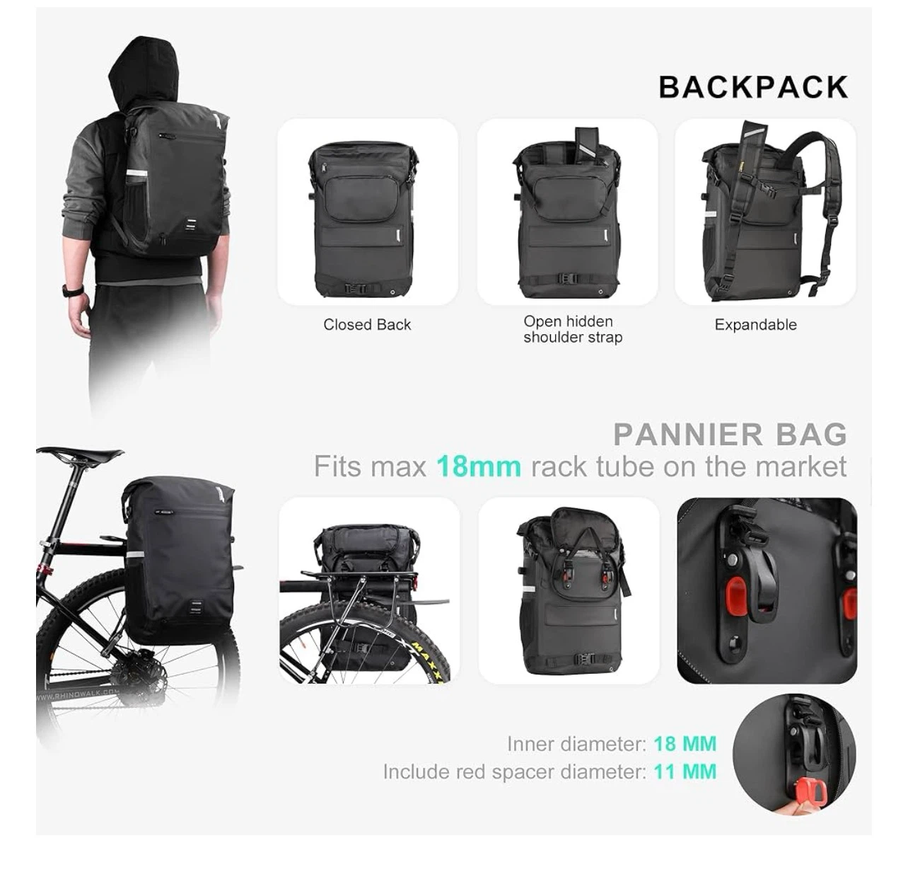 Rhinowalk Waterproof Bike Pannier Backpack - photo 3