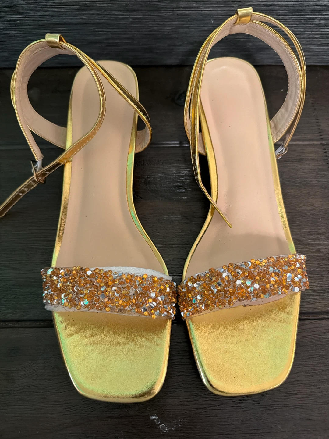 🏈 Gold Beaded Clear Heel Sandals - Size 40, US Size 9, 9.5