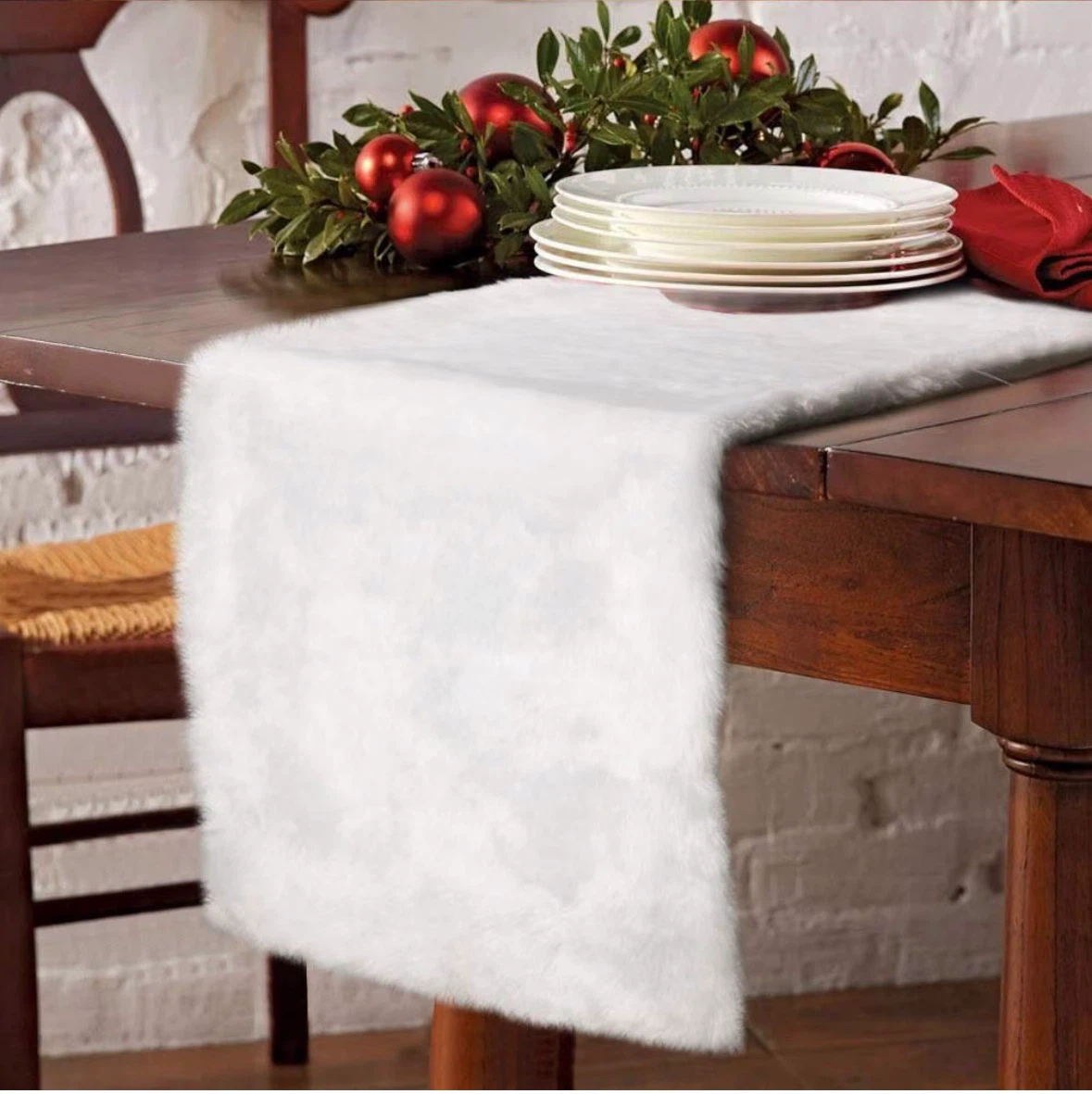 Fluffy Table Runner White Faux Fur