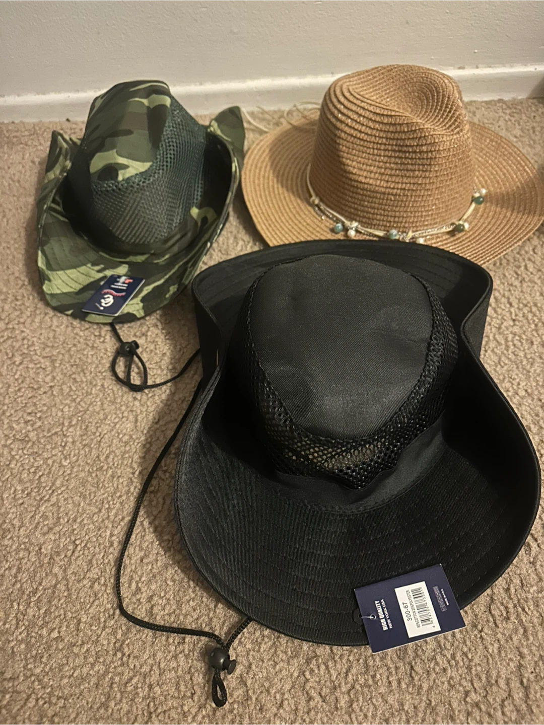 Set of Two Camouflage and Black Mesh Sun Hats