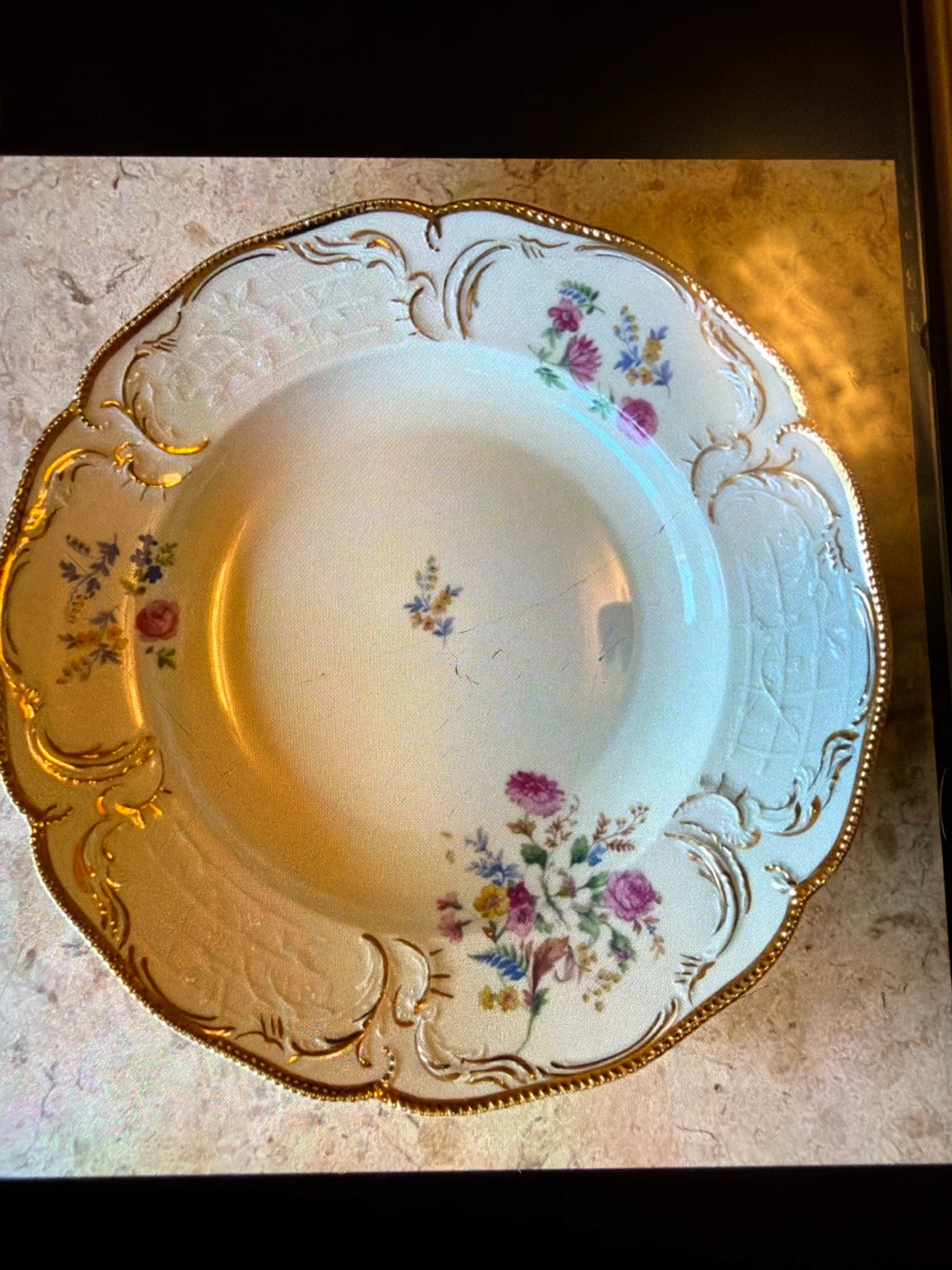 Vintage Floral Porcelain Plate with Gold Trim