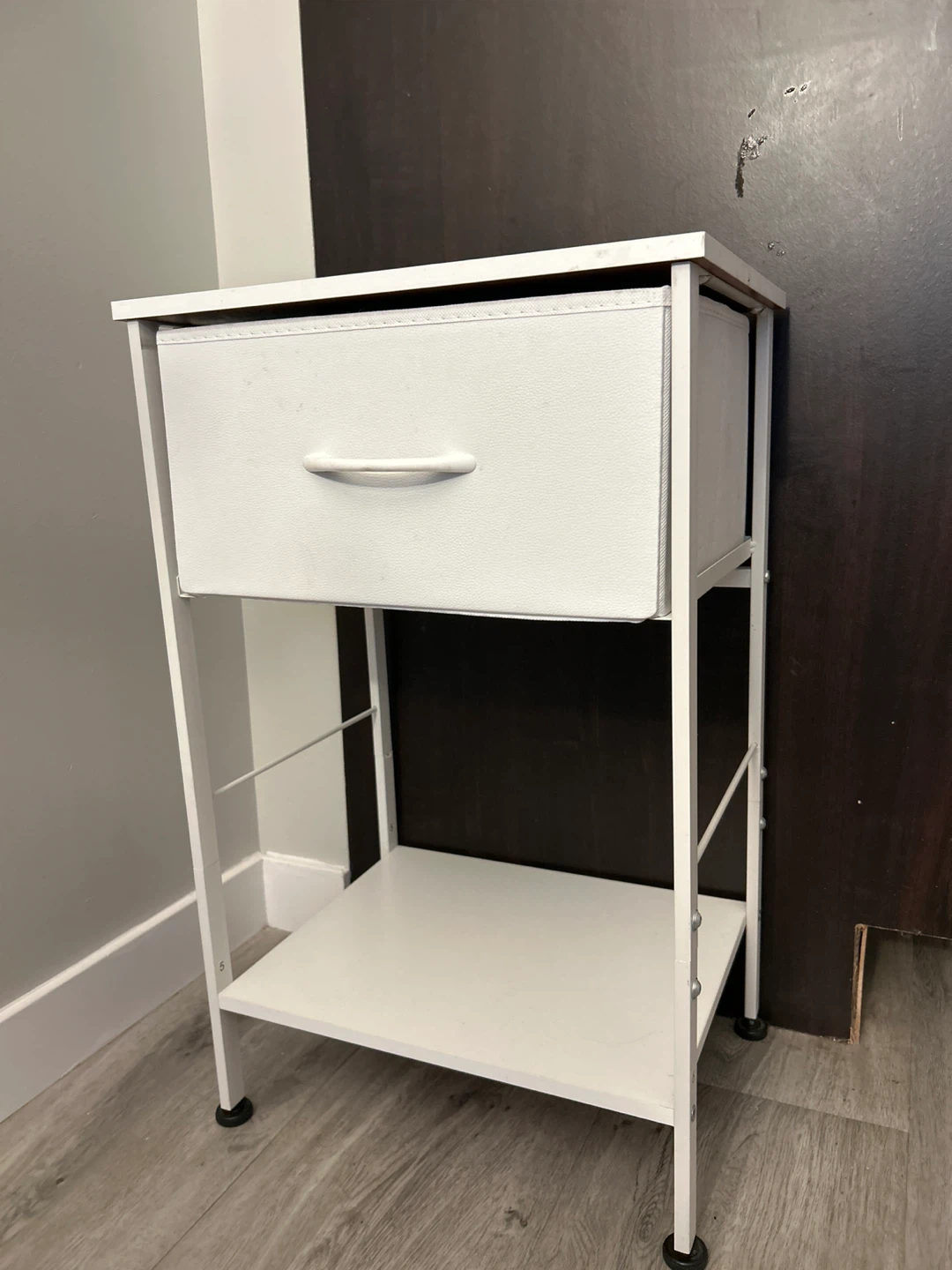 White Metal Nightstand with Fabric Drawer