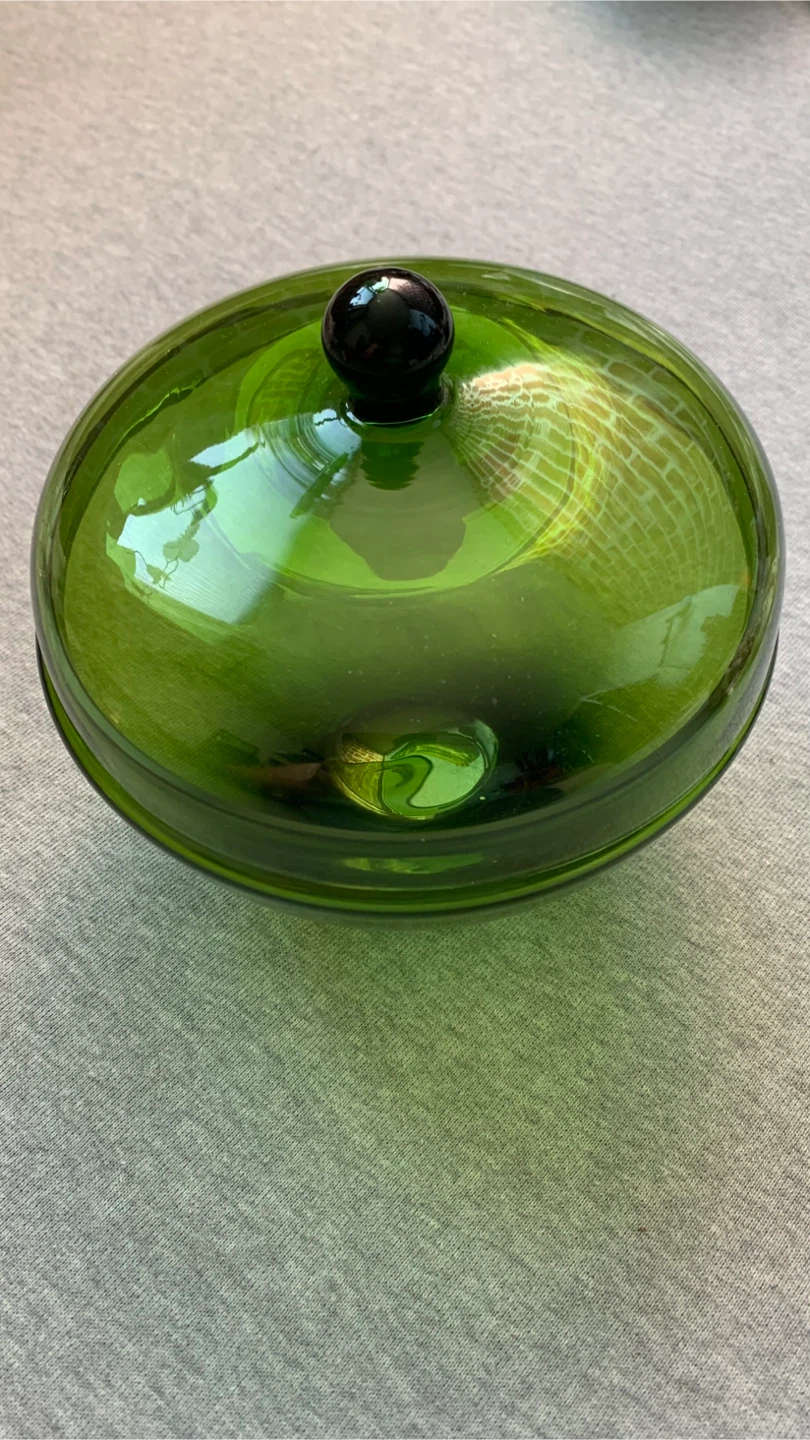 Vintage MCM Green Glass Lidded Bowl 🏈