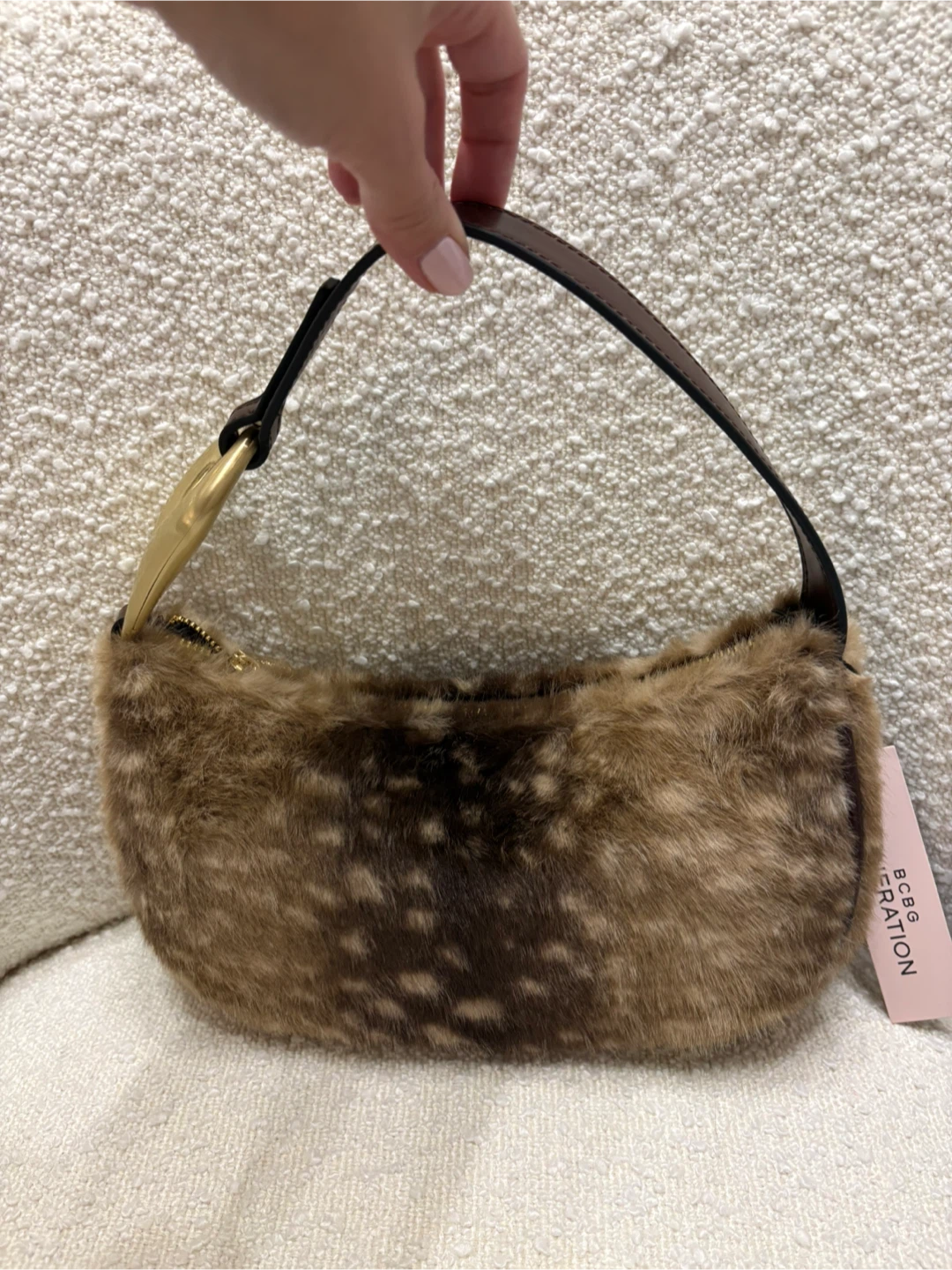 NEW BAMBI BCBGGen Fur Baguette Handbag with Brushed Gold Details