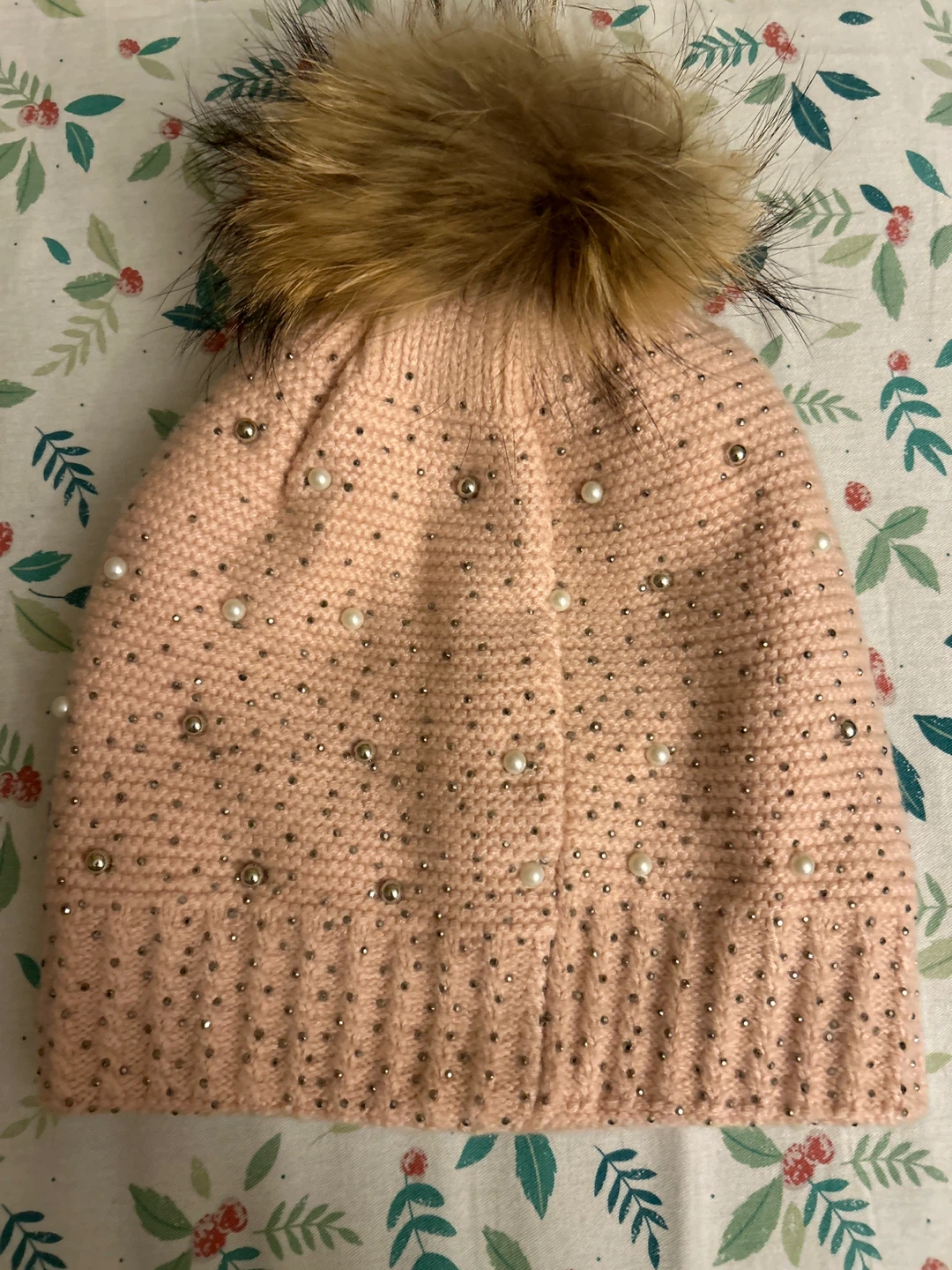 Pink Knit Pom Pom Hat with Embellishments